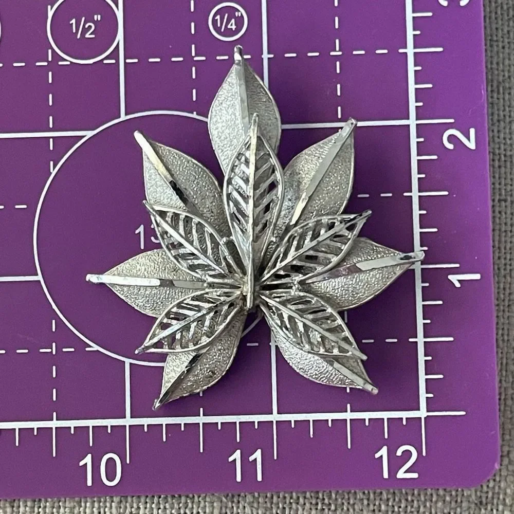 Signed Coro Vintage Double Stacked Silver Tone Leaf Brooch Pin Open Work Brushed